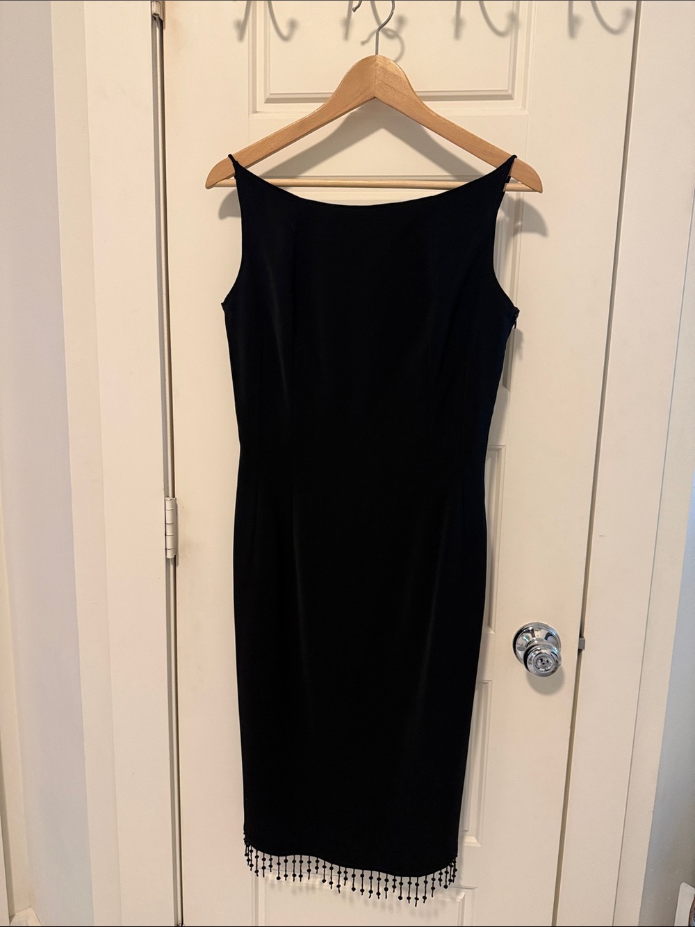 Vtg 2000 Black Beaded Hem Sheath Dress